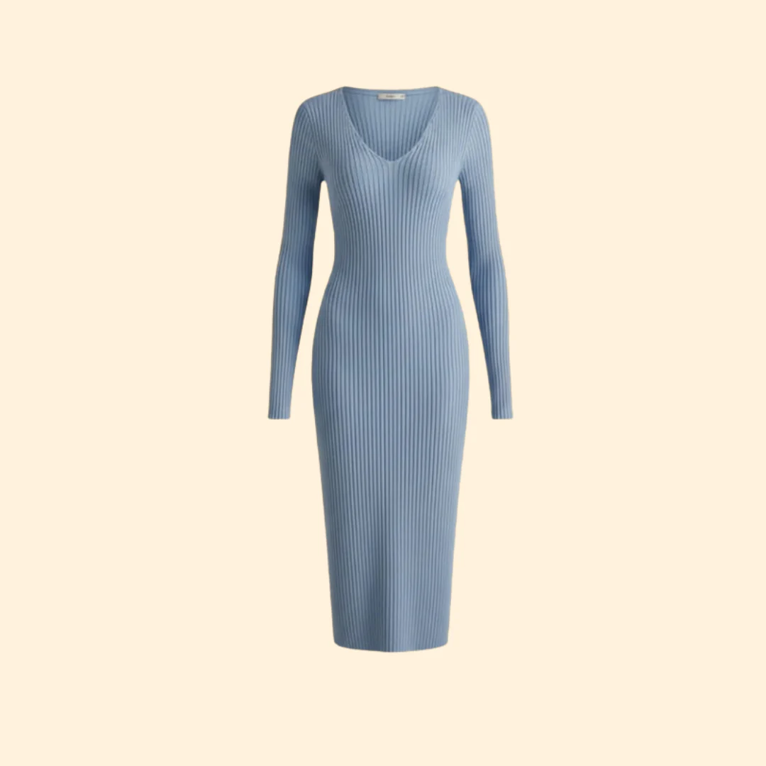 Women's Ribbed Bodycon Midi Dress with V-Neck
