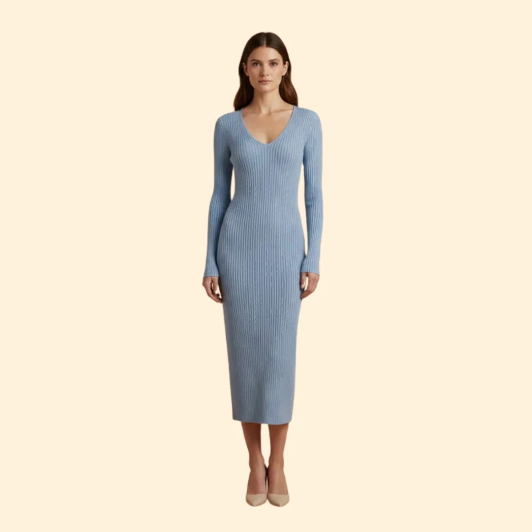 Women's Ribbed Bodycon Midi Dress with V-Neck - Image 2
