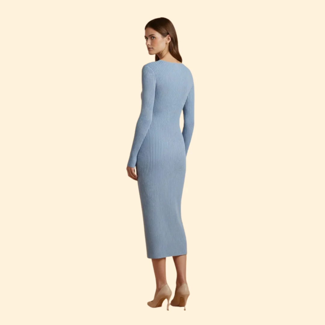 Women's Ribbed Bodycon Midi Dress with V-Neck - Image 3
