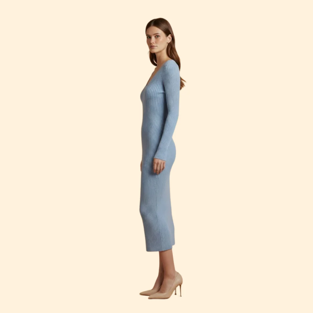 Women's Ribbed Bodycon Midi Dress with V-Neck - Image 4