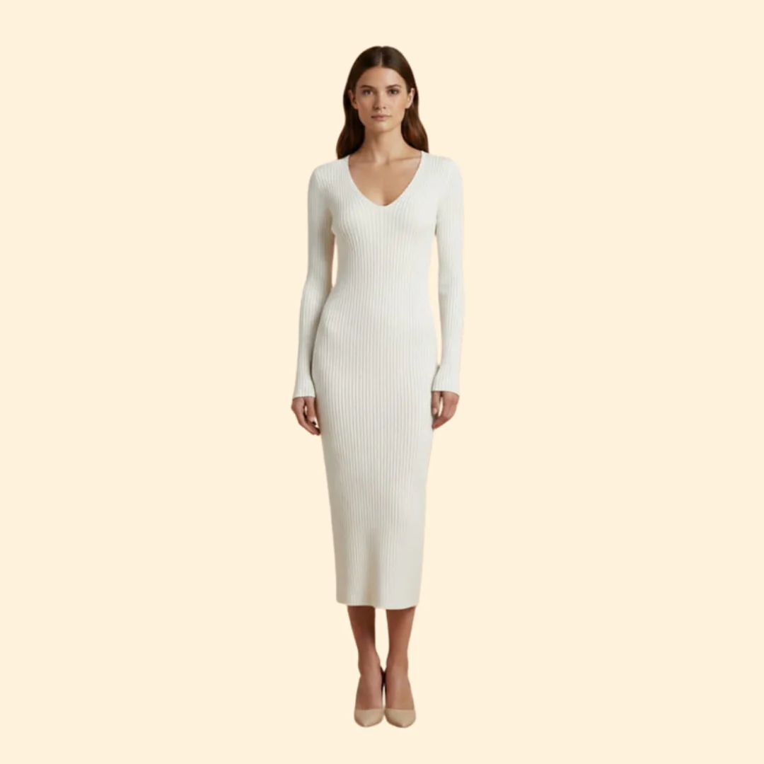 Women's Ribbed Bodycon Midi Dress with V-Neck - Image 7