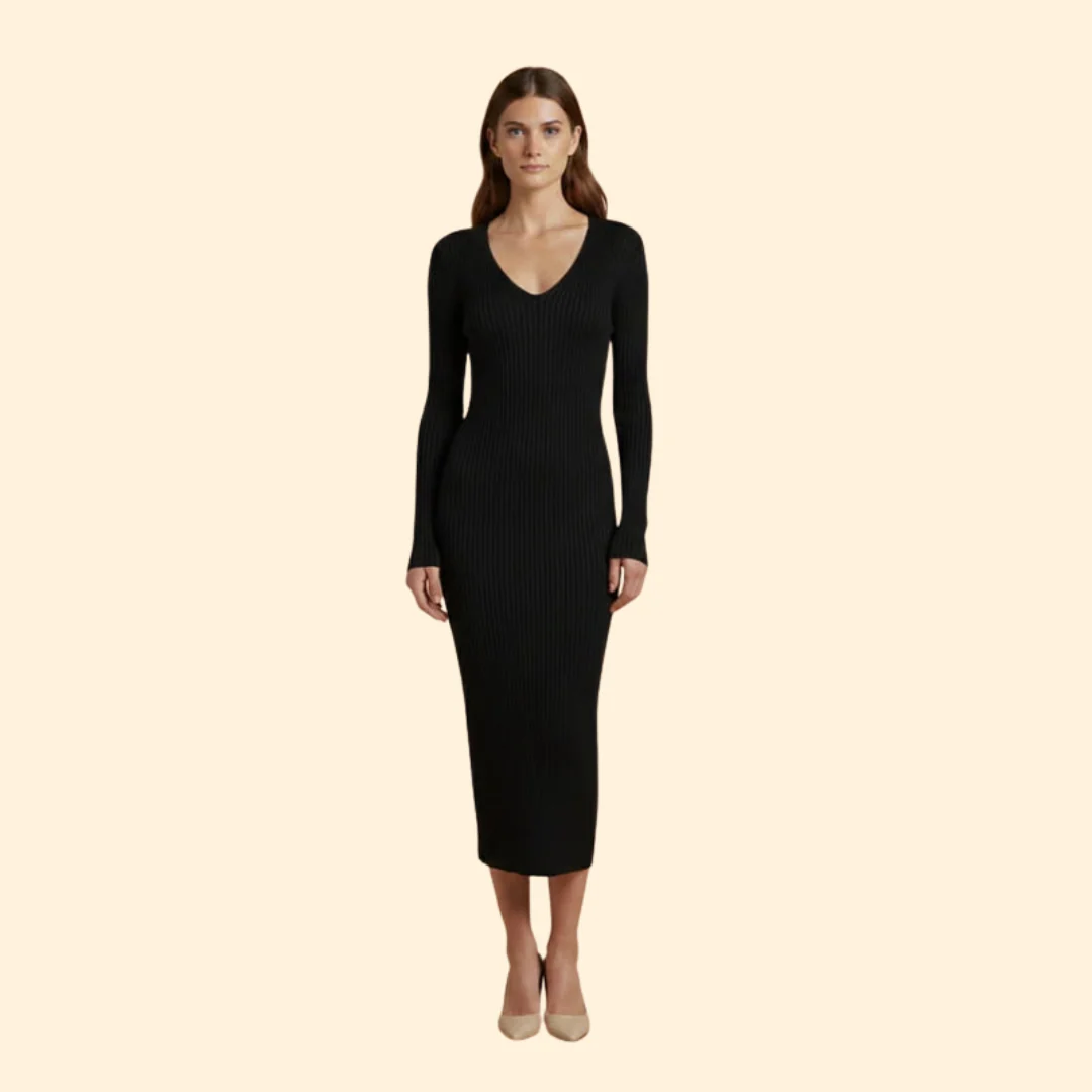 Women's Ribbed Bodycon Midi Dress with V-Neck - Image 8