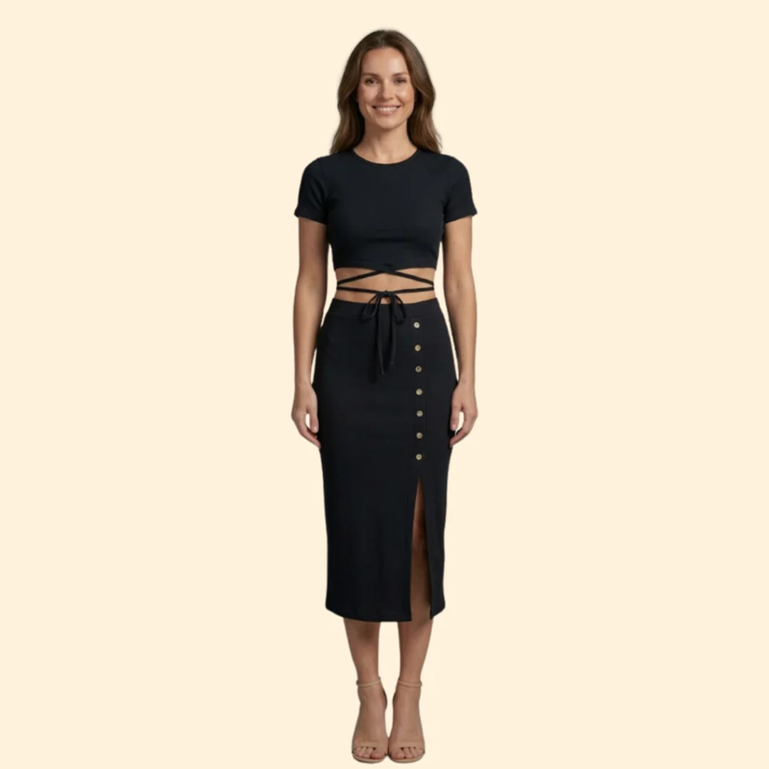 Women’s Ribbed Top with Buttoned Midi Skirt - Image 7