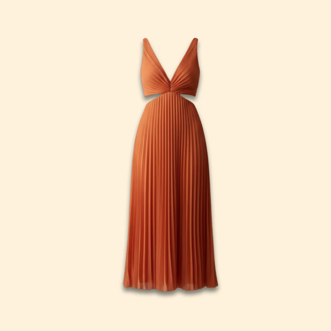 Women's Satin Pleated Dress with V-Neckline