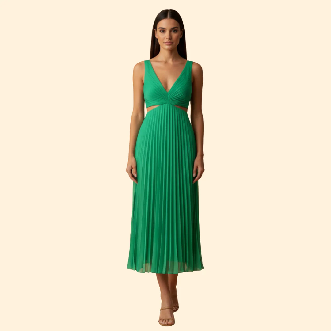 Women's Satin Pleated Dress with V-Neckline - Image 10