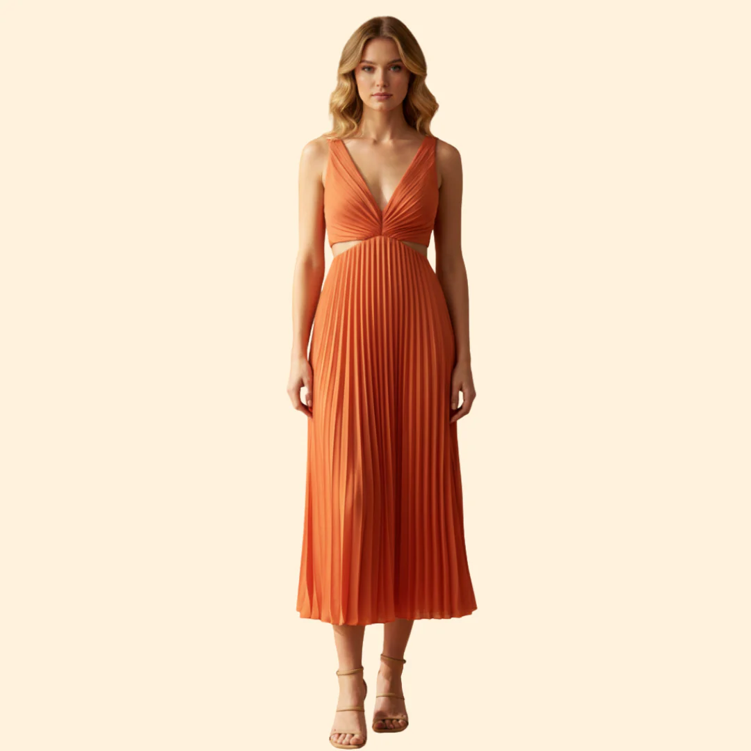 Women's Satin Pleated Dress with V-Neckline - Image 2