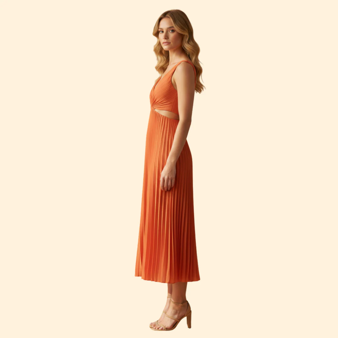 Women's Satin Pleated Dress with V-Neckline - Image 3