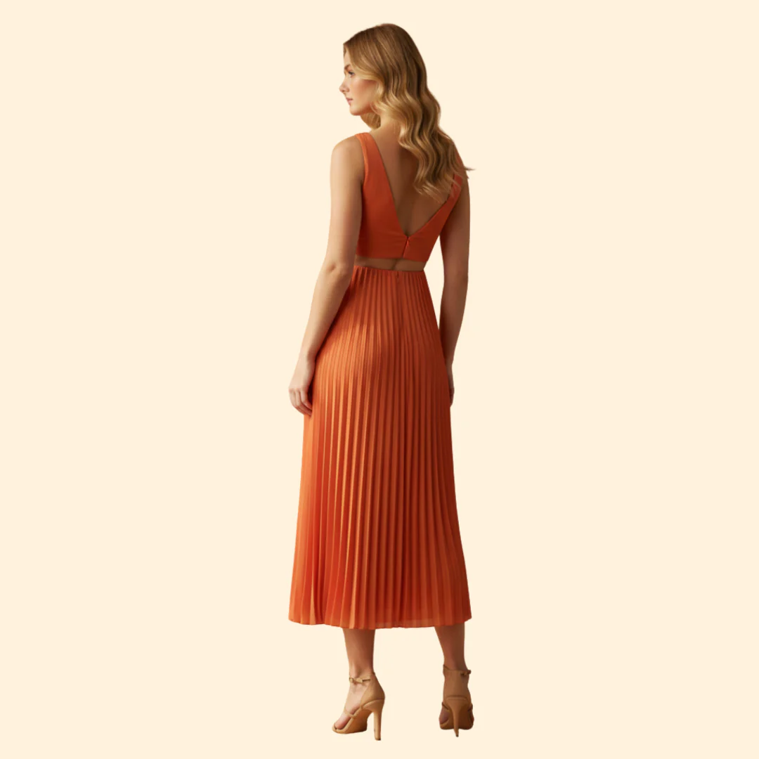 Women's Satin Pleated Dress with V-Neckline - Image 4