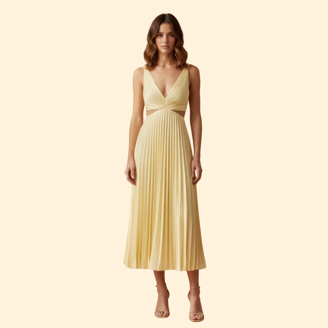 Women's Satin Pleated Dress with V-Neckline - Image 6