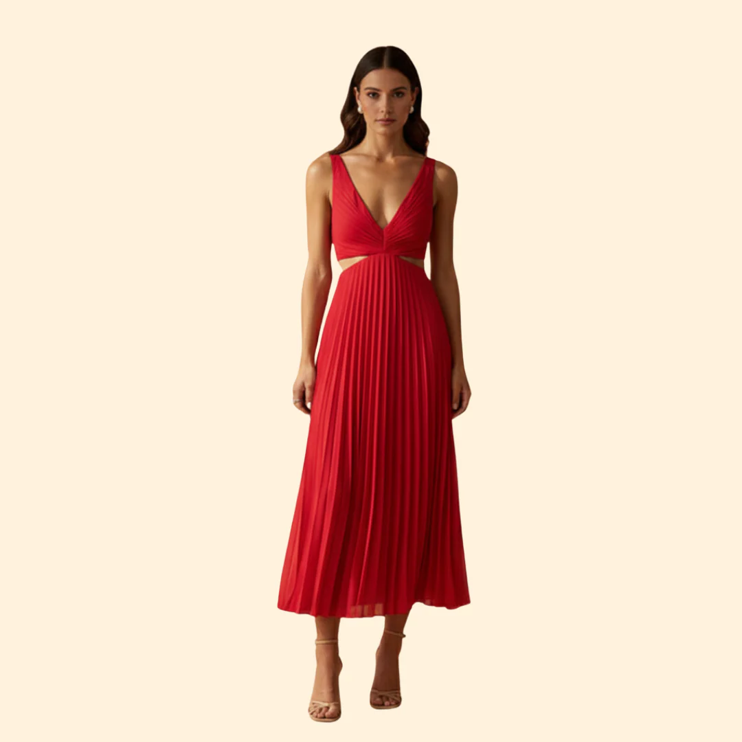 Women's Satin Pleated Dress with V-Neckline - Image 7