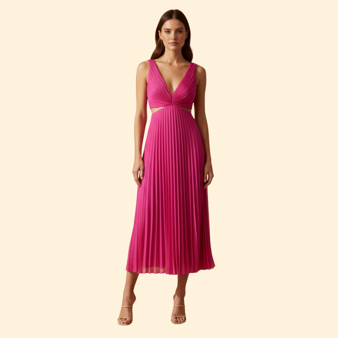 Women's Satin Pleated Dress with V-Neckline - Image 8