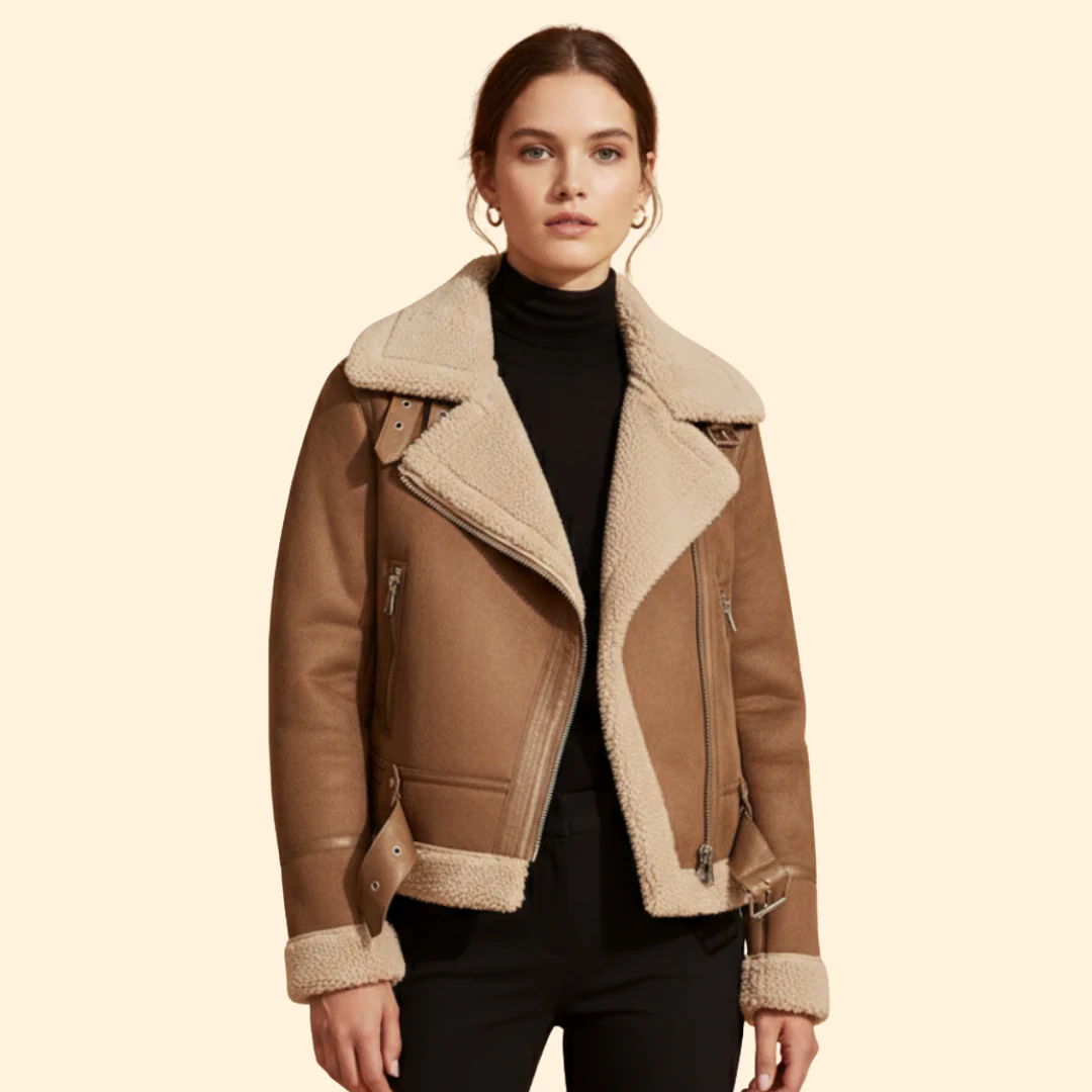 Women’s Sherpa Bomber Jacket with Foldover Collar - Image 2