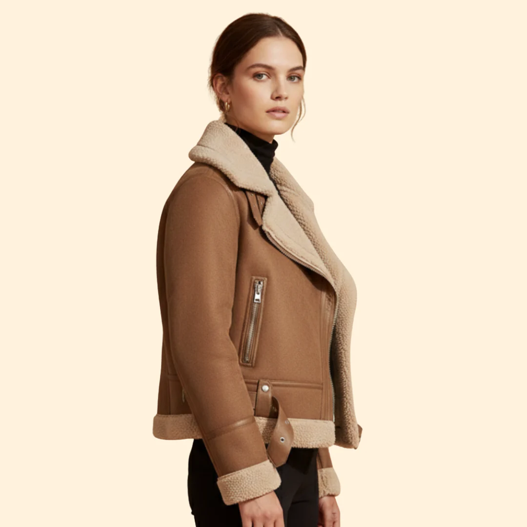 Women’s Sherpa Bomber Jacket with Foldover Collar - Image 3