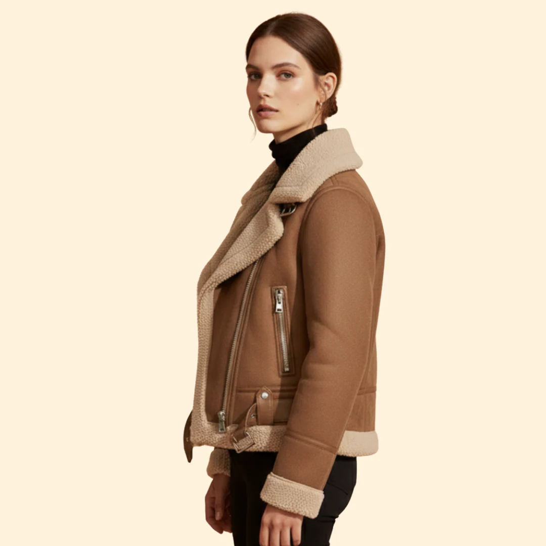 Women’s Sherpa Bomber Jacket with Foldover Collar - Image 5