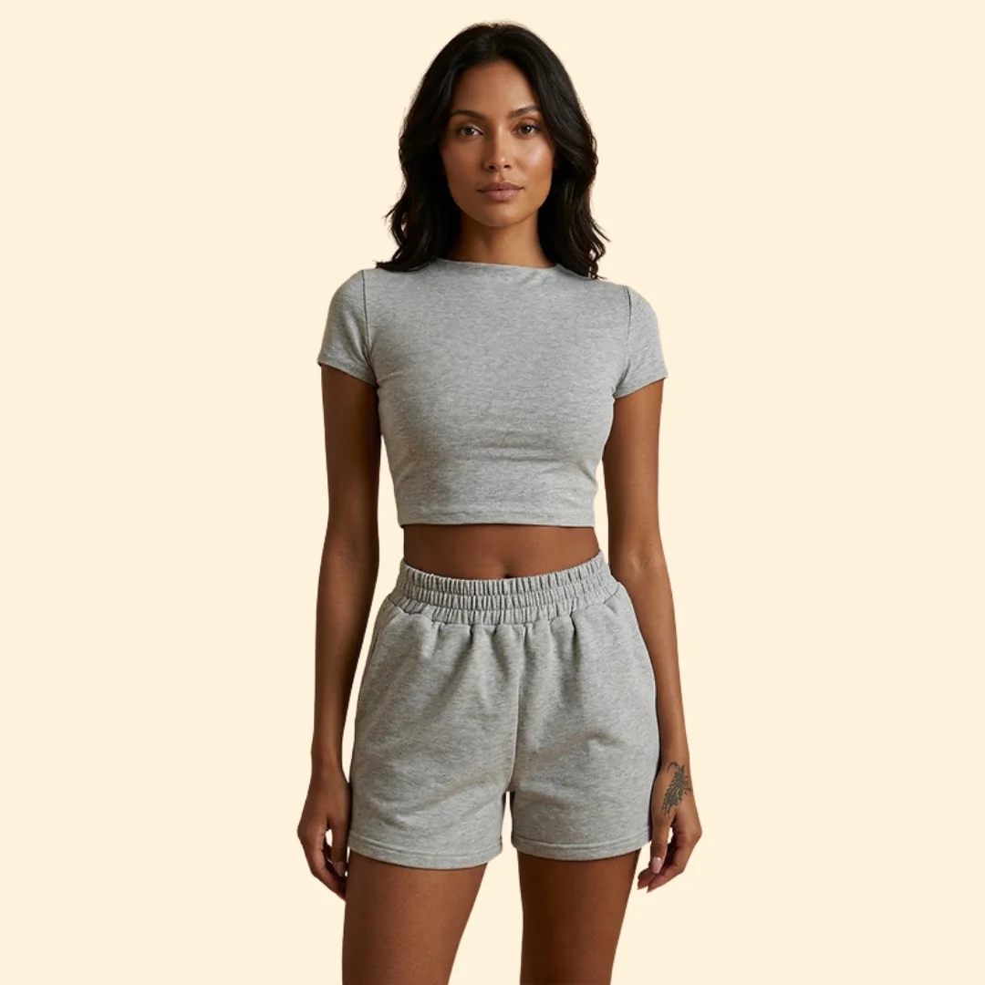 Women’s Short Sleeve Crop Top with Elastic Waist Shorts - Image 2