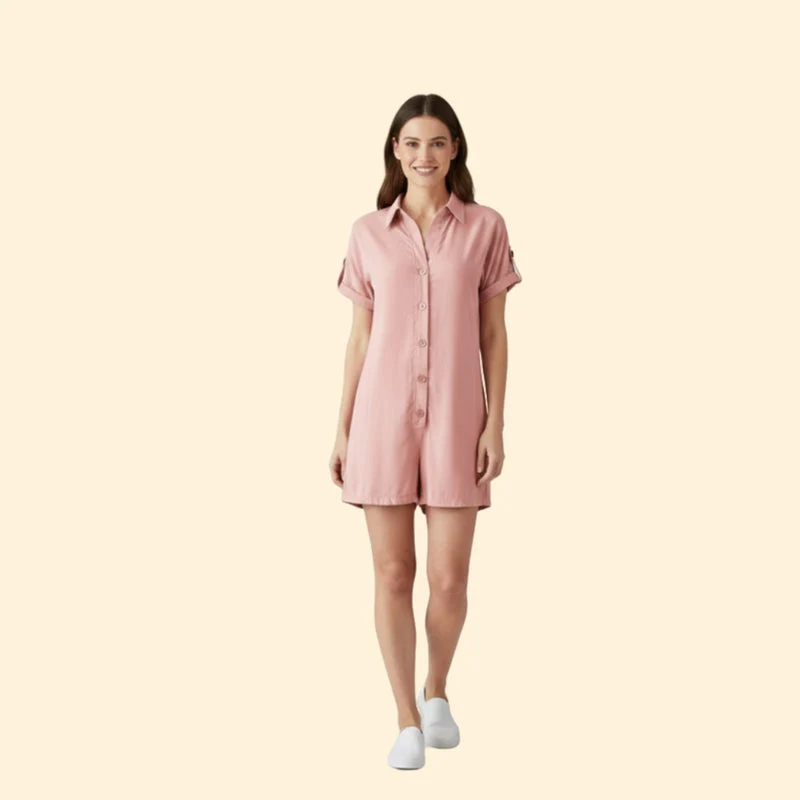 Women’s Short Sleeve Jumpsuit with Collar - Image 2