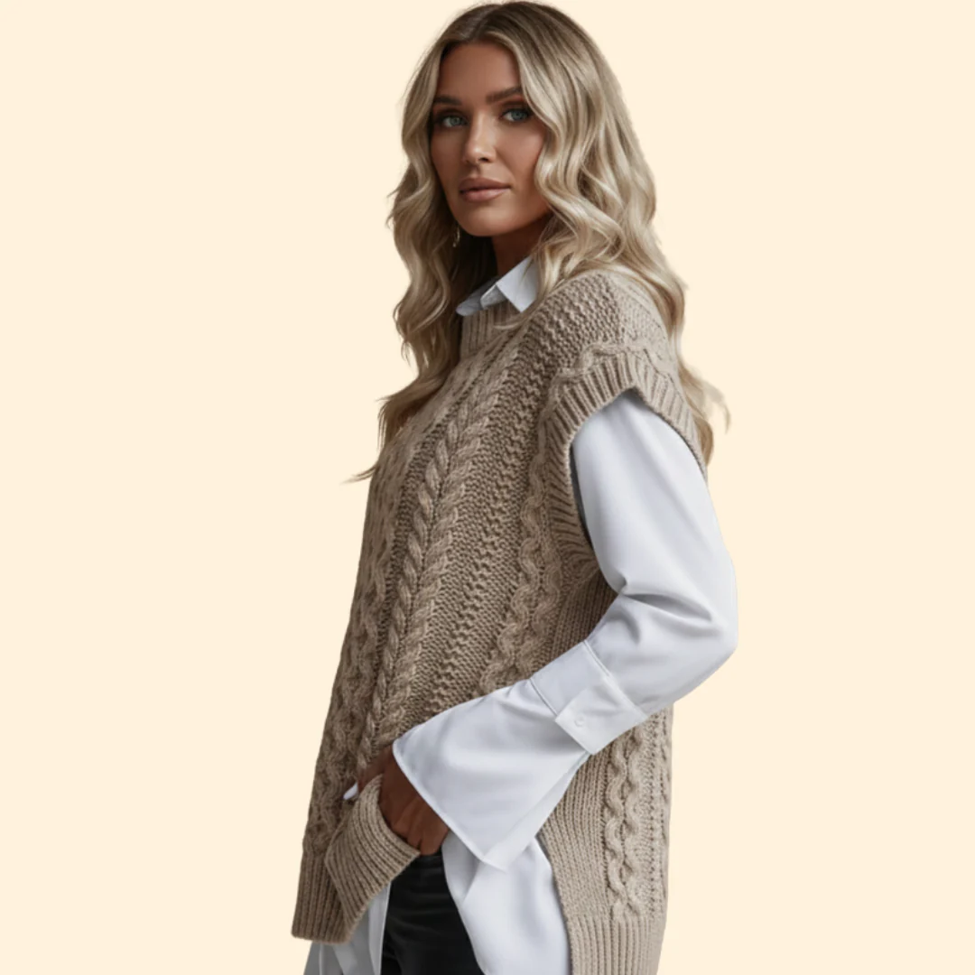 Women’s Sleeveless Cable Knit Vest with Round Neck - Image 2