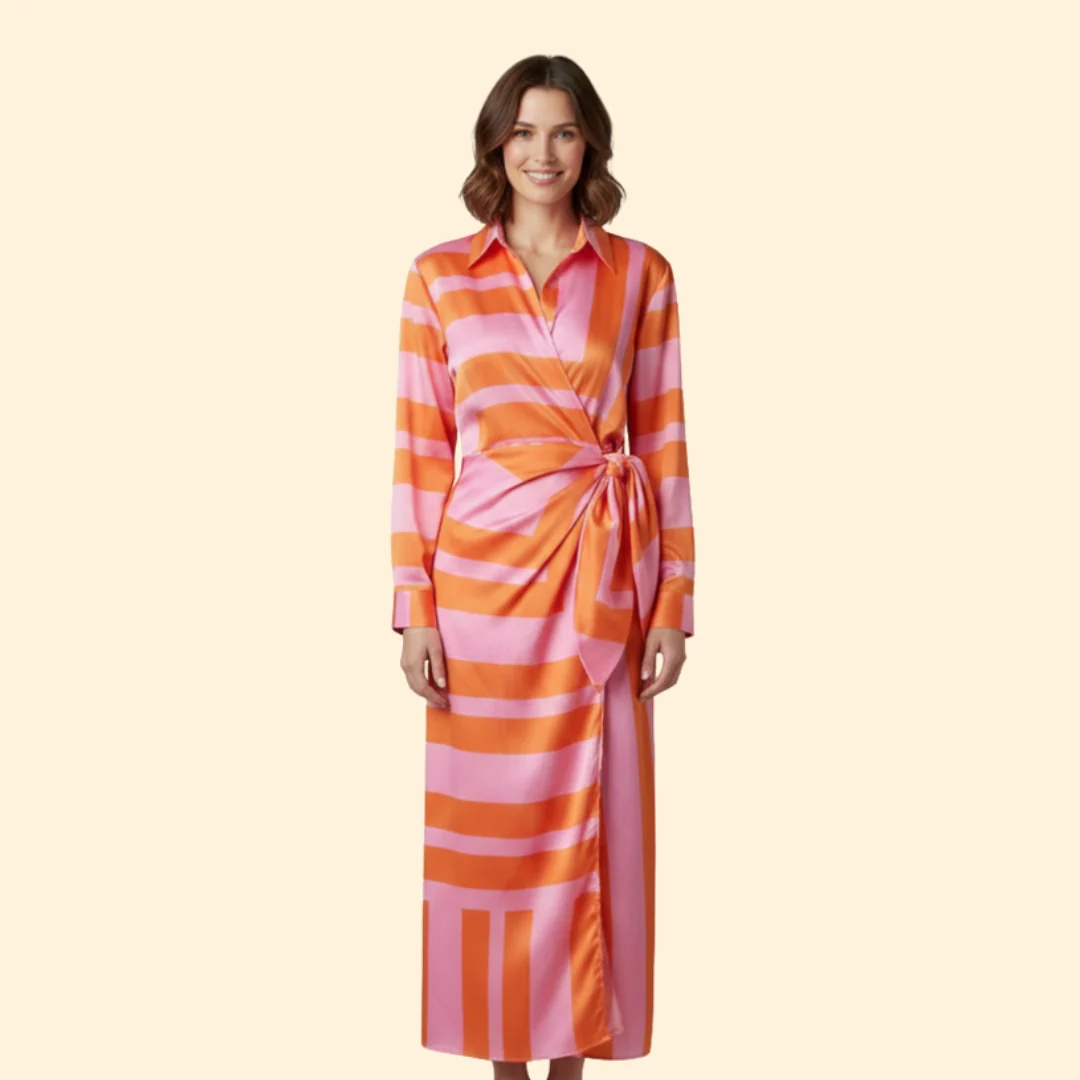 Women’s Striped Wrap Dress Button Detail - Image 2