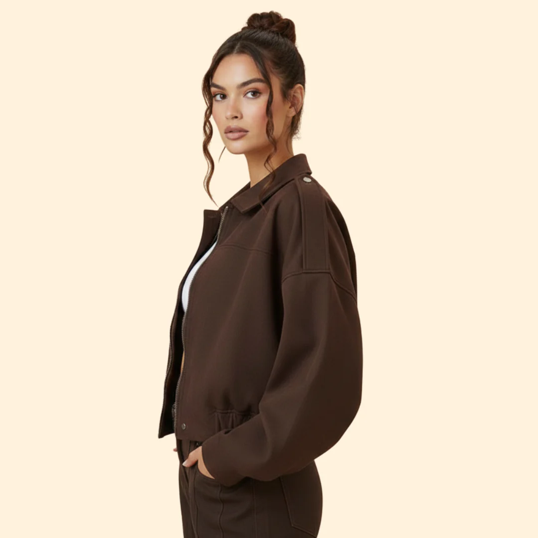 Women’s Suede Bomber Jacket with Long Sleeves - Image 3
