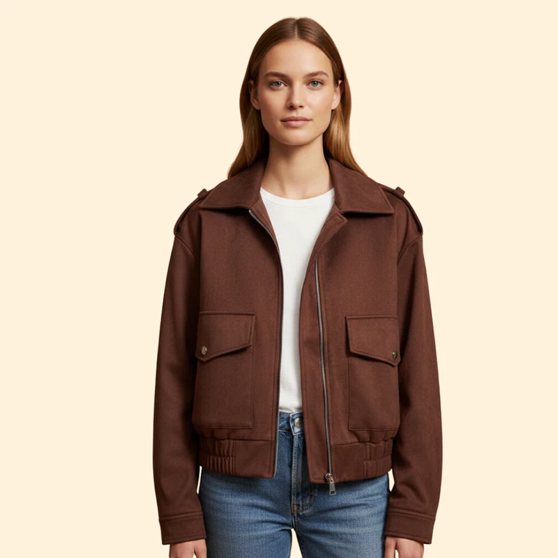 Women's Suede Bomber Jacket with Zipper Pockets - Image 2