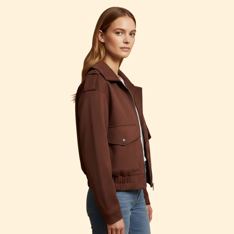 Women's Suede Bomber Jacket with Zipper Pockets - Image 3