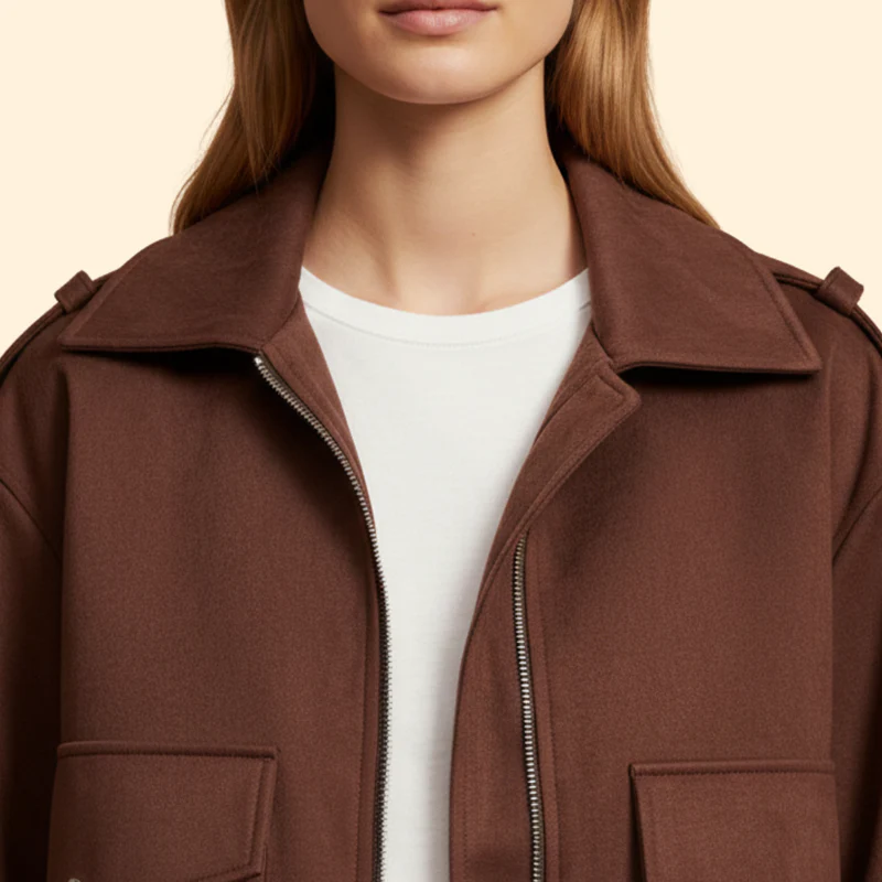 Women's Suede Bomber Jacket with Zipper Pockets - Image 6