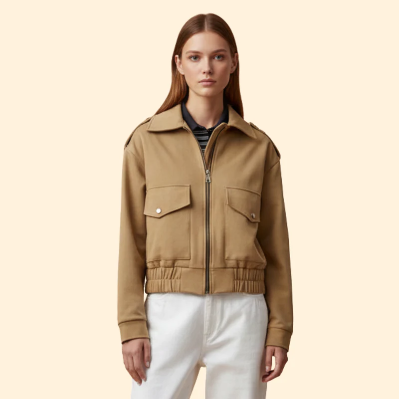 Women's Suede Bomber Jacket with Zipper Pockets - Image 8