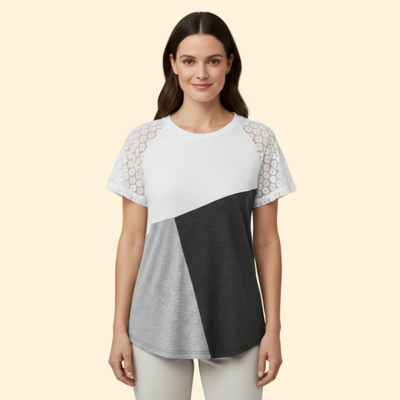 Women’s T-Shirt with Lace Sleeves and Color Block Design - Image 2