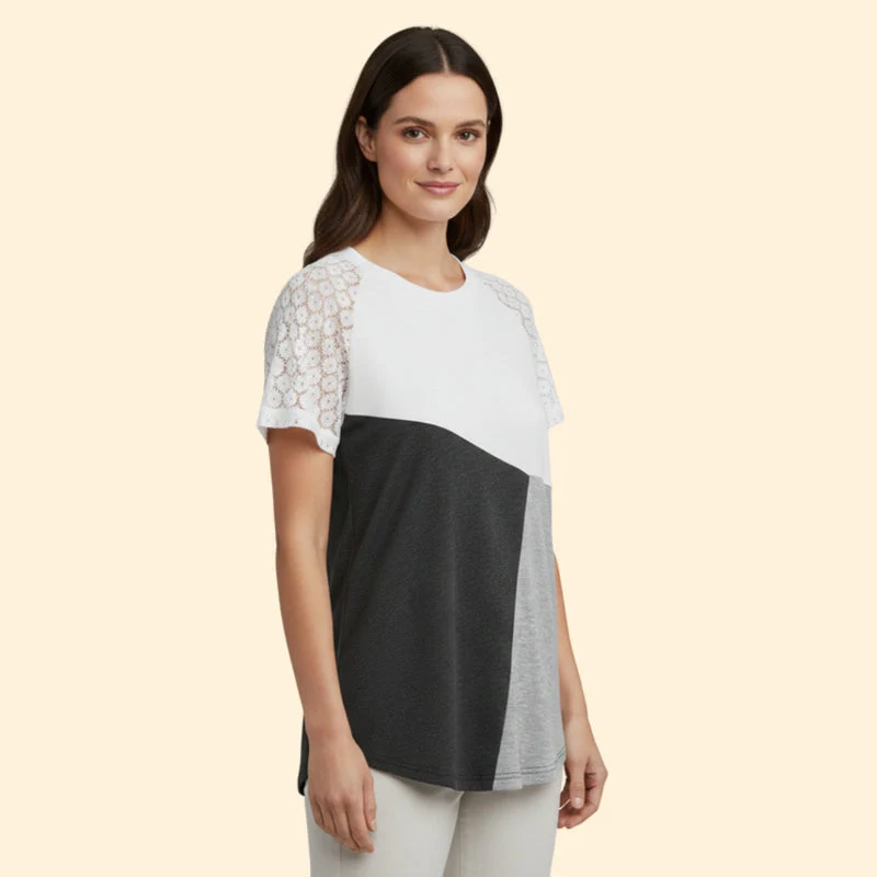 Women’s T-Shirt with Lace Sleeves and Color Block Design - Image 3