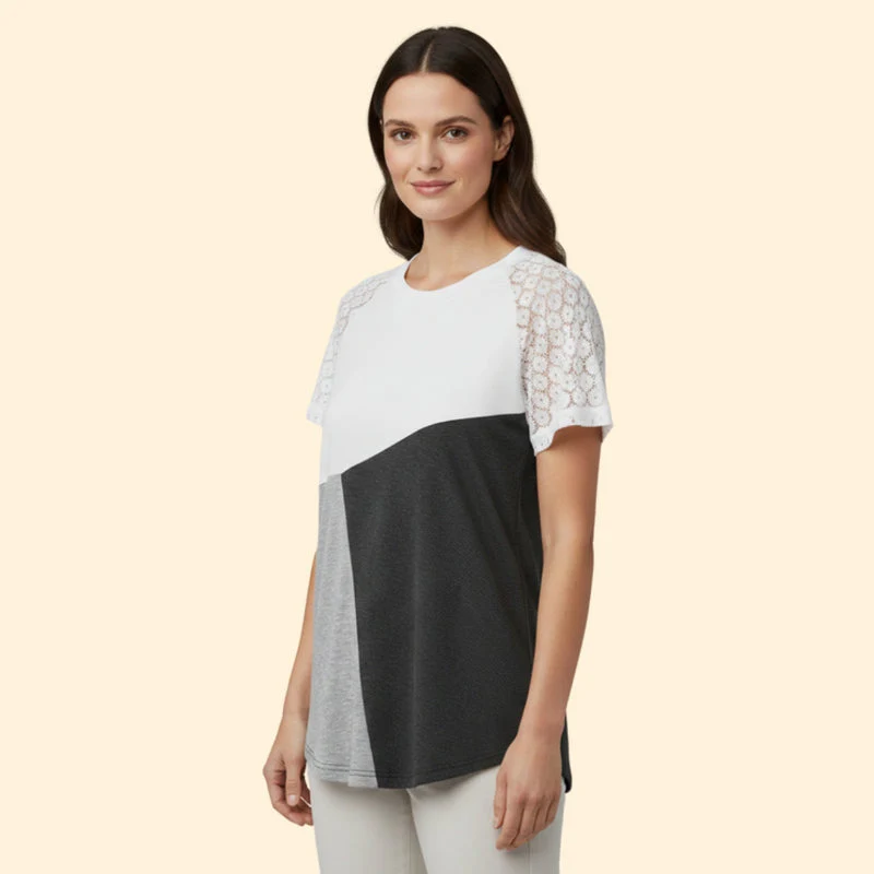 Women’s T-Shirt with Lace Sleeves and Color Block Design - Image 4