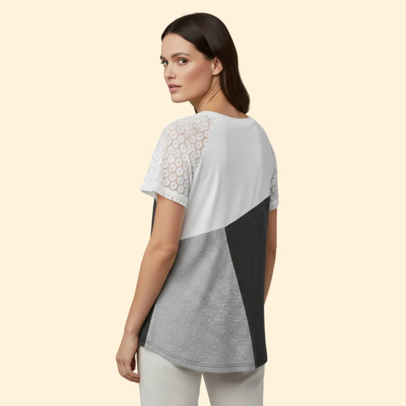 Women’s T-Shirt with Lace Sleeves and Color Block Design - Image 5