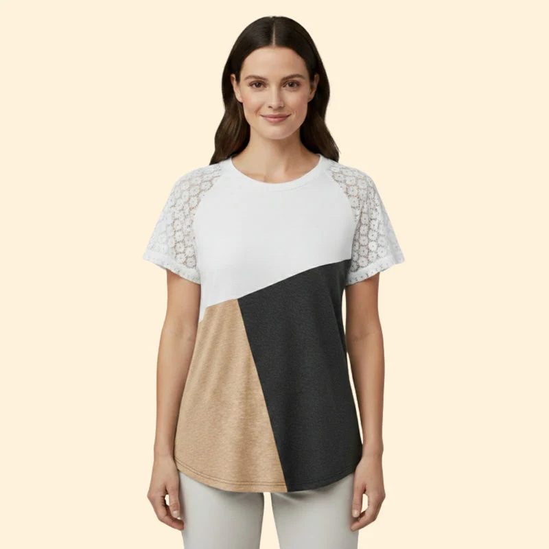 Women’s T-Shirt with Lace Sleeves and Color Block Design - Image 7