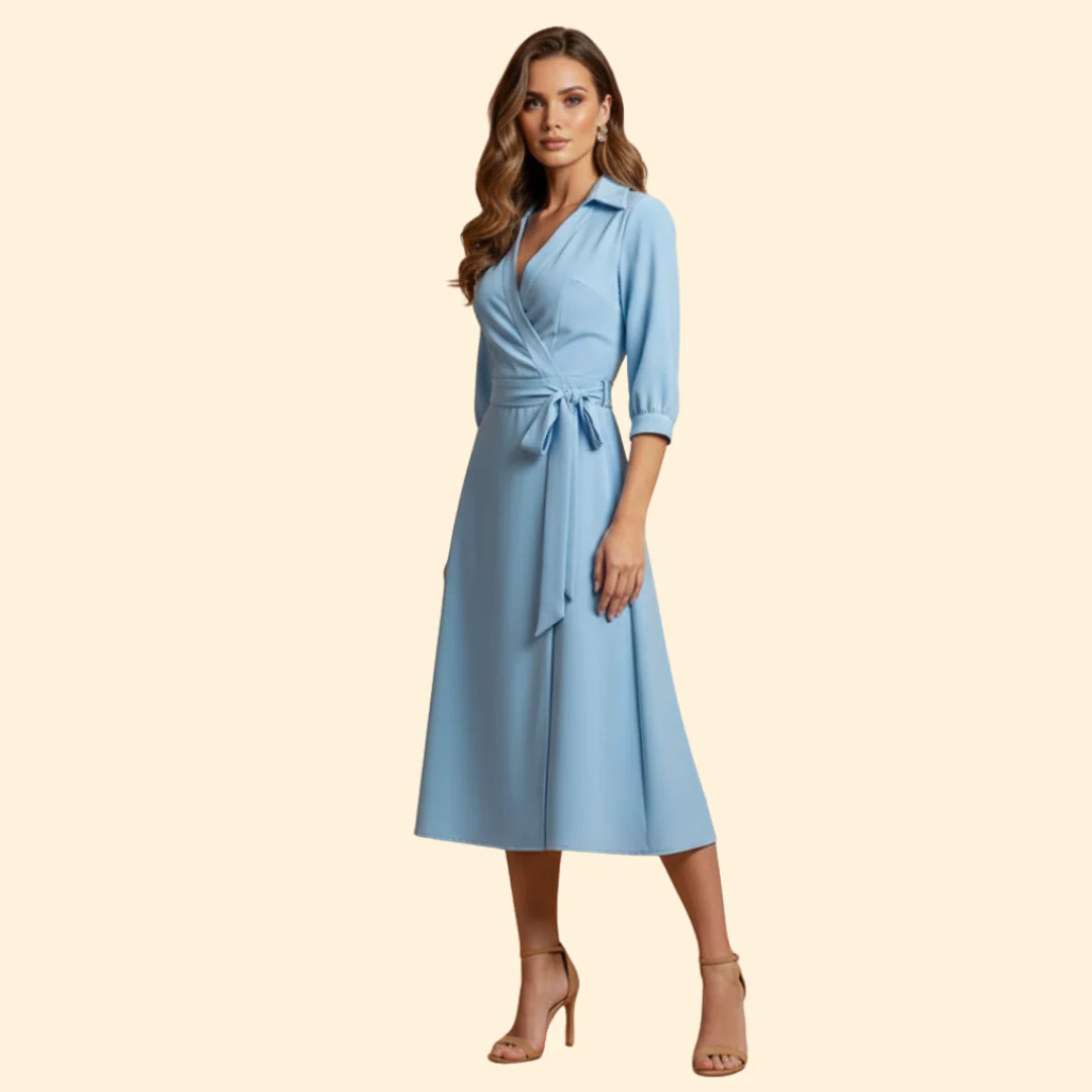 Women's V-neck Dress with Belt - Image 3