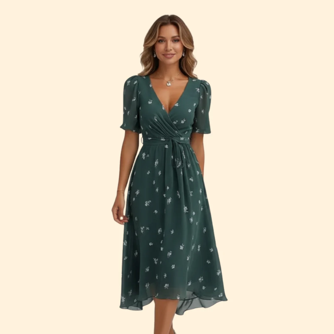 Women’s V-Neck Dress with Floral Design - Image 2