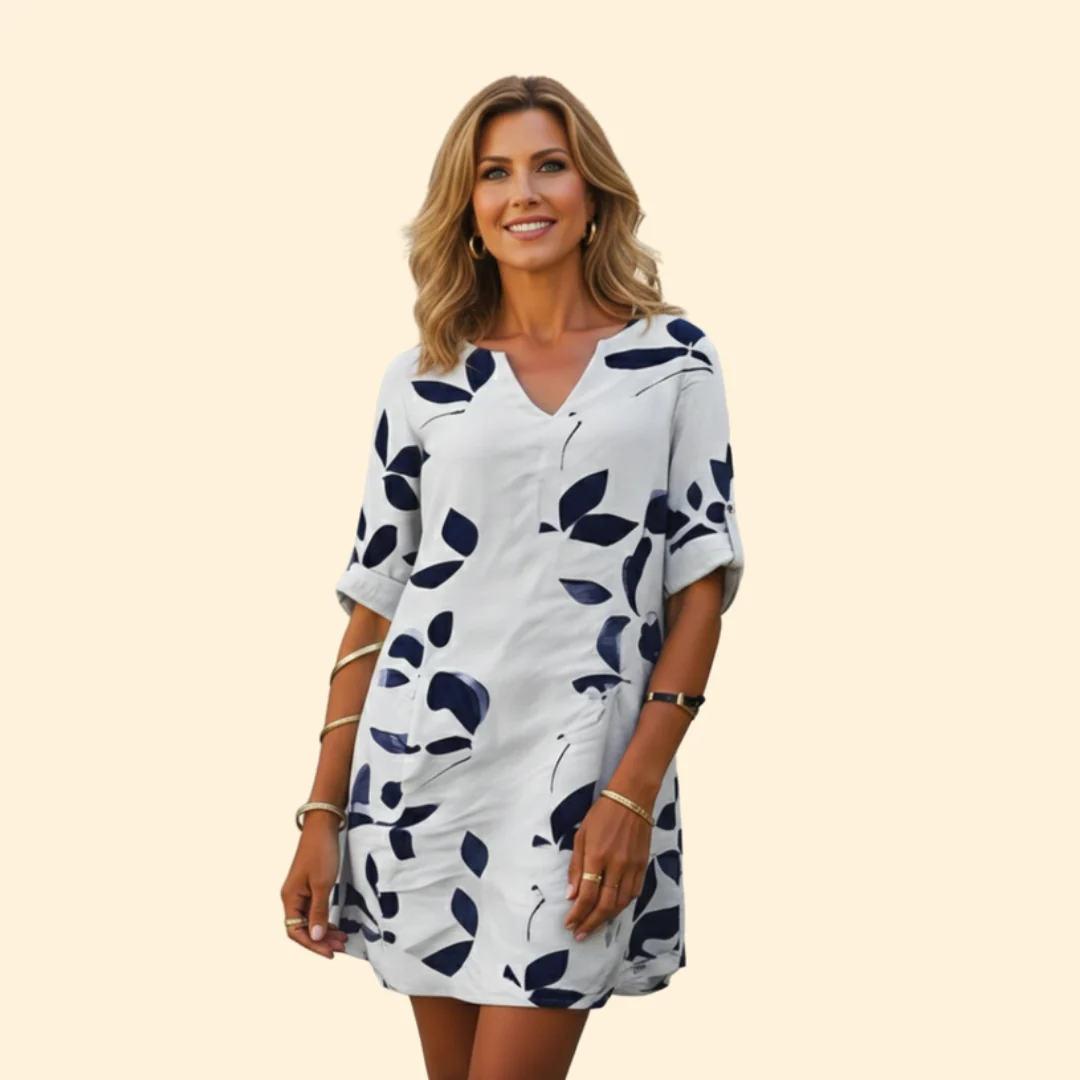 Women’s V-Neck Dress with Floral Leaf Design - Image 2