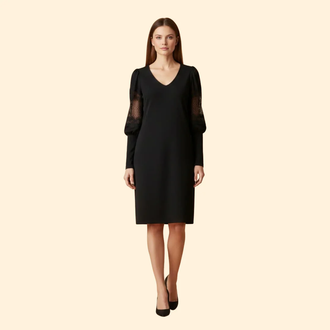 Women's V-neck Dress with Lace Panels - Image 2