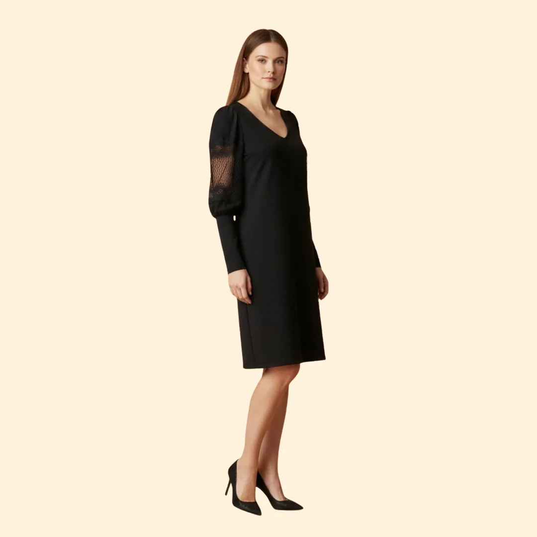 Women's V-neck Dress with Lace Panels - Image 3