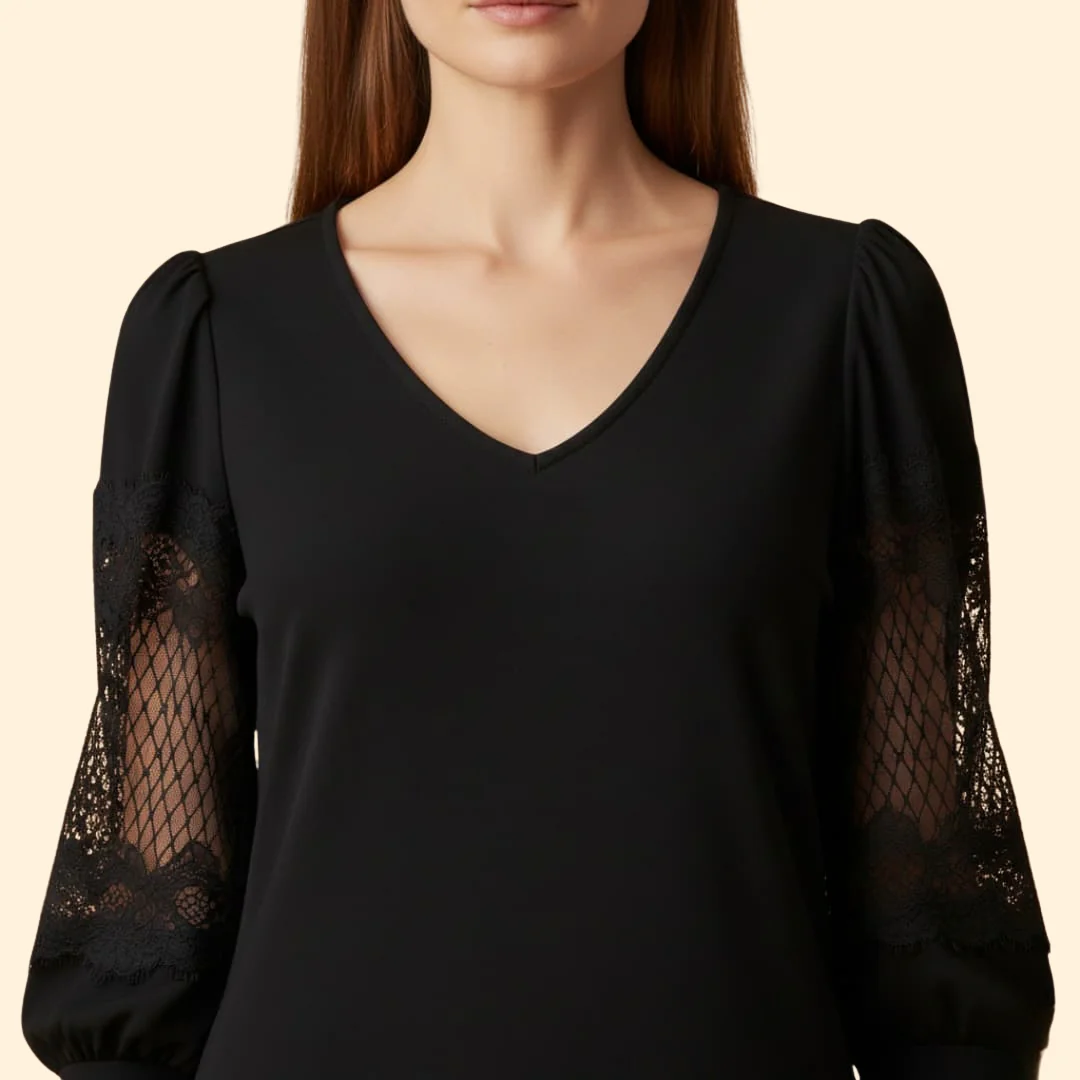 Women's V-neck Dress with Lace Panels - Image 6