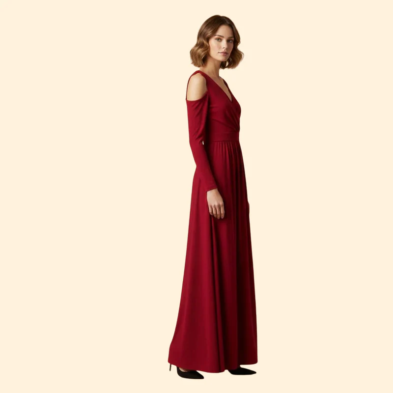 Women's V-Neck Dress with Long Sleeves - Image 3