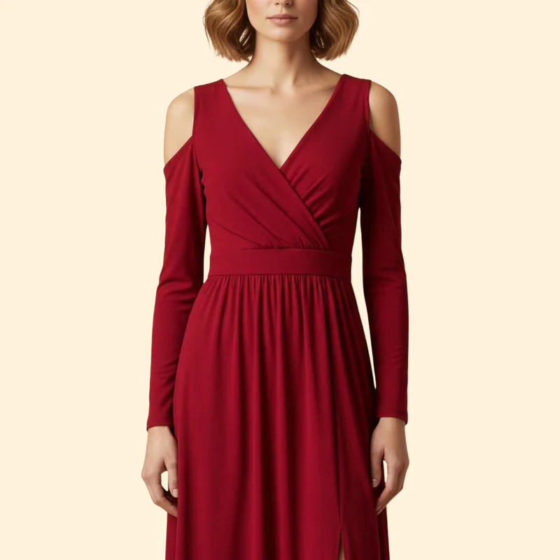 Women's V-Neck Dress with Long Sleeves - Image 5