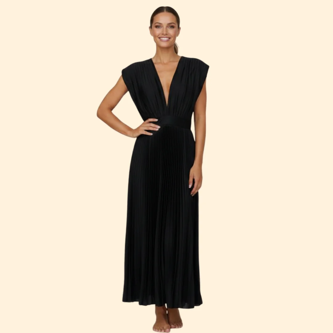Women’s V-Neck Dress with Pleated Detail - Image 2