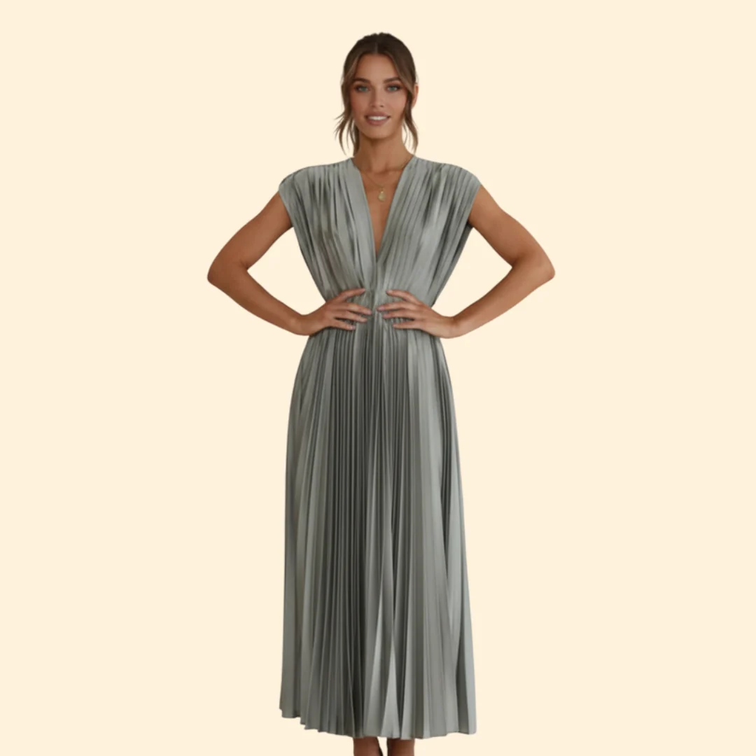 Women’s V-Neck Dress with Pleated Detail - Image 5
