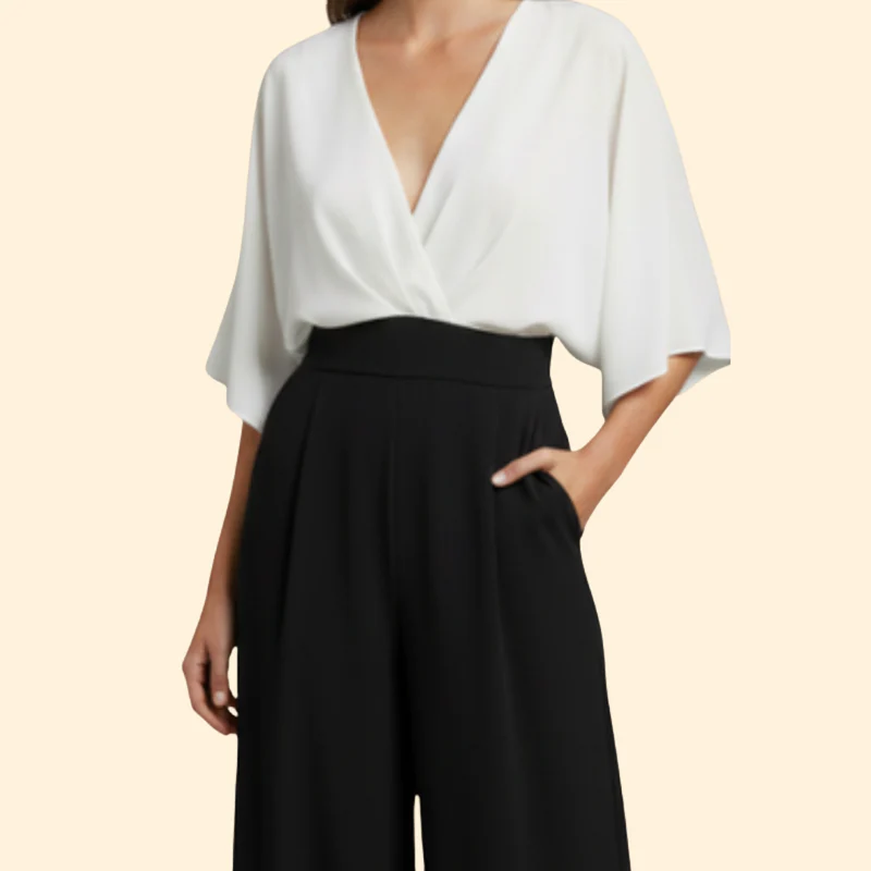 Women’s V-Neck Jumpsuit with Wide Leg Pants - Image 4
