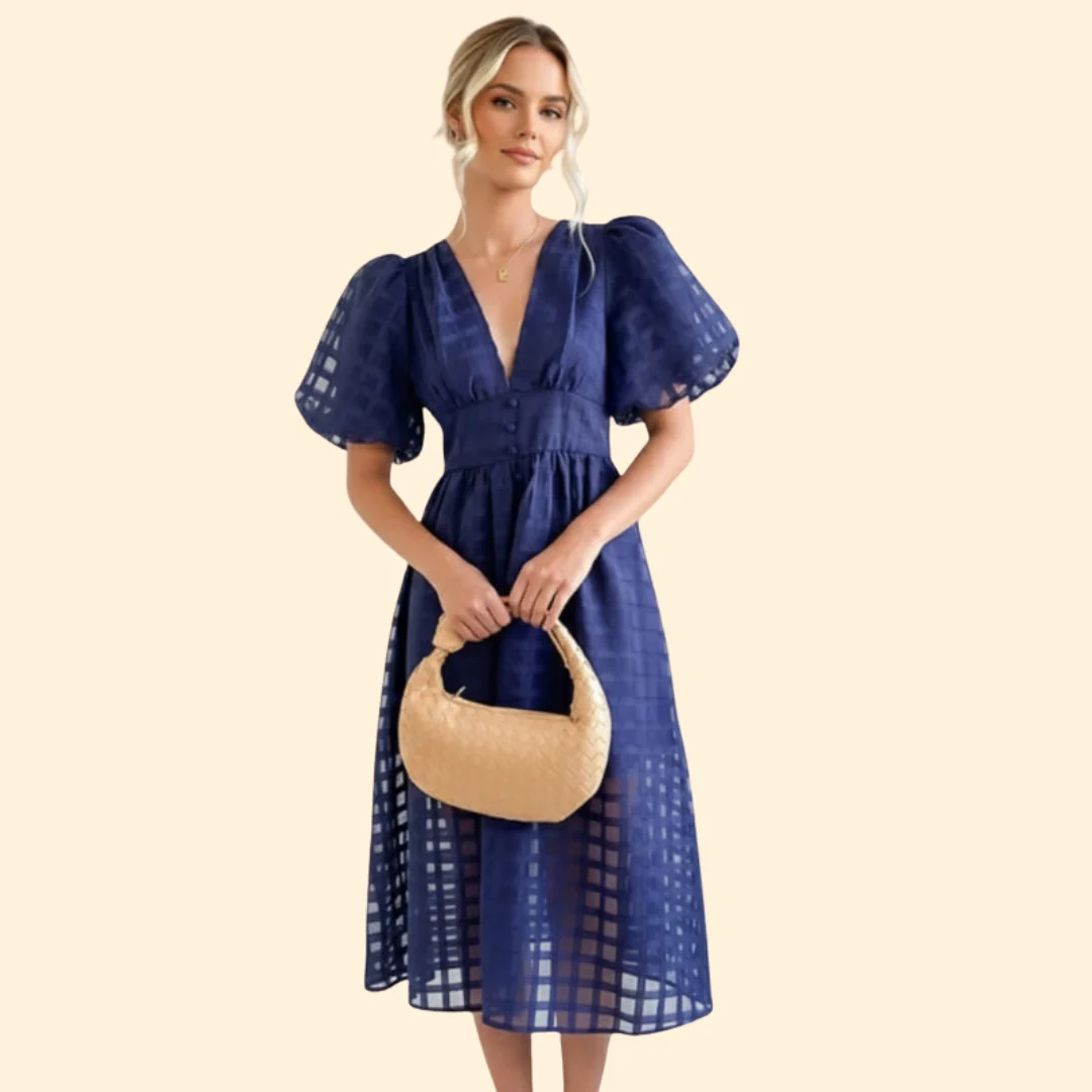 Women’s V-Neck Midi Dress with Grid Pattern - Image 10