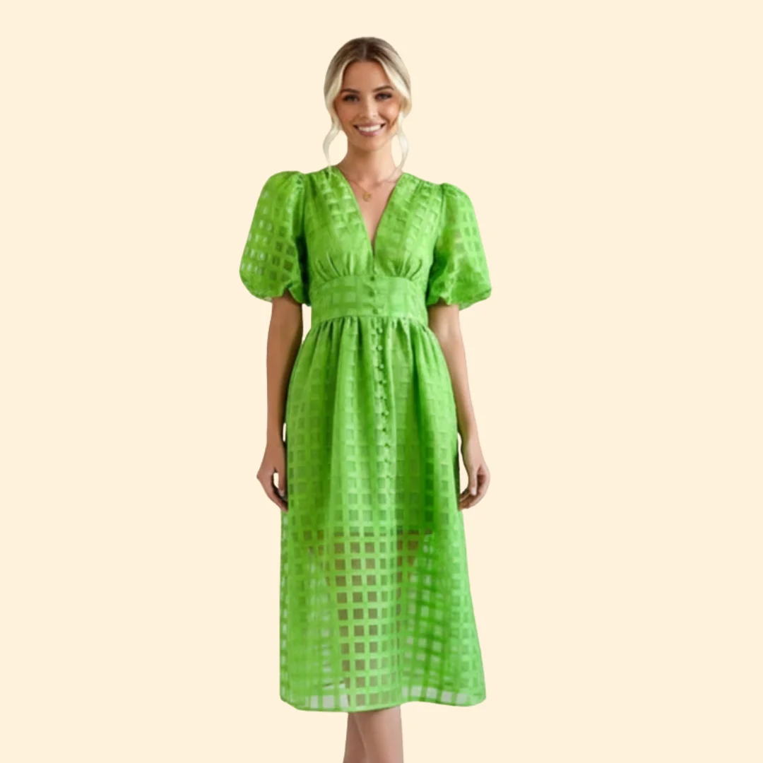 Women’s V-Neck Midi Dress with Grid Pattern - Image 11