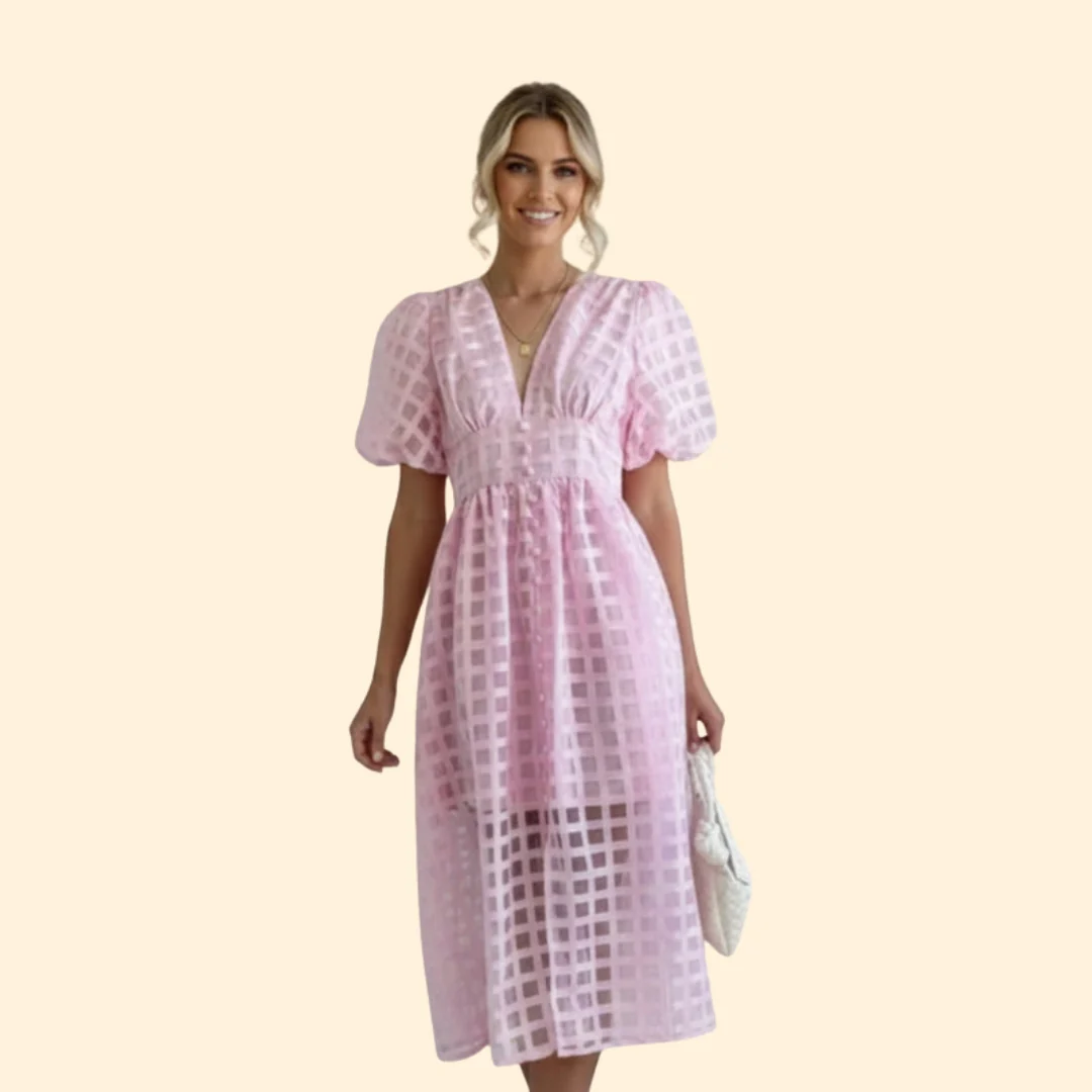 Women’s V-Neck Midi Dress with Grid Pattern - Image 12