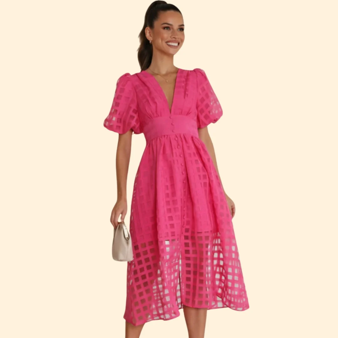 Women’s V-Neck Midi Dress with Grid Pattern - Image 2