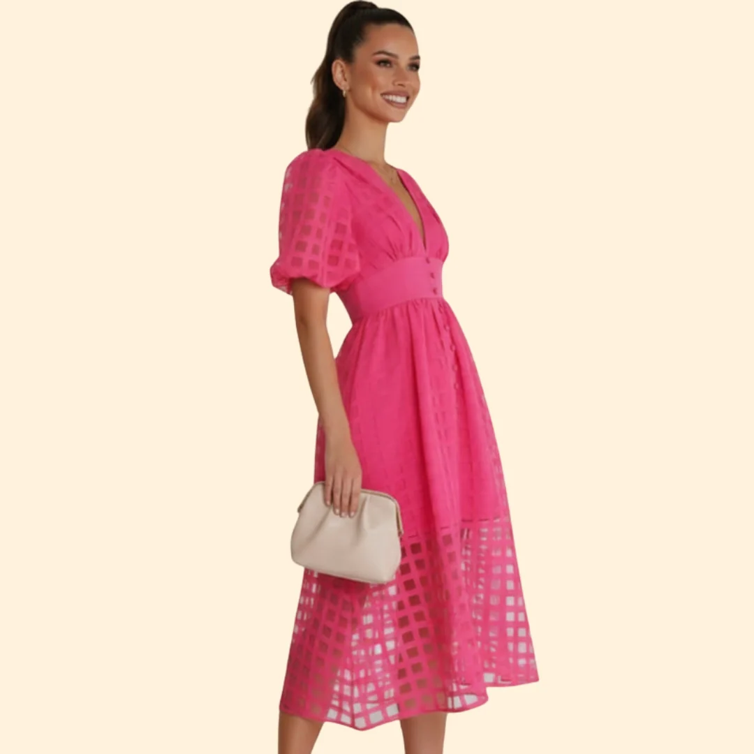 Women’s V-Neck Midi Dress with Grid Pattern - Image 3