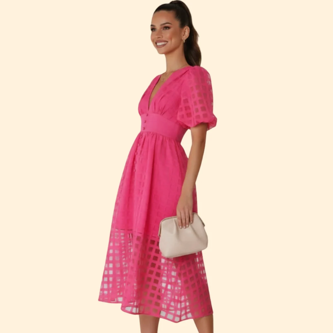Women’s V-Neck Midi Dress with Grid Pattern - Image 4