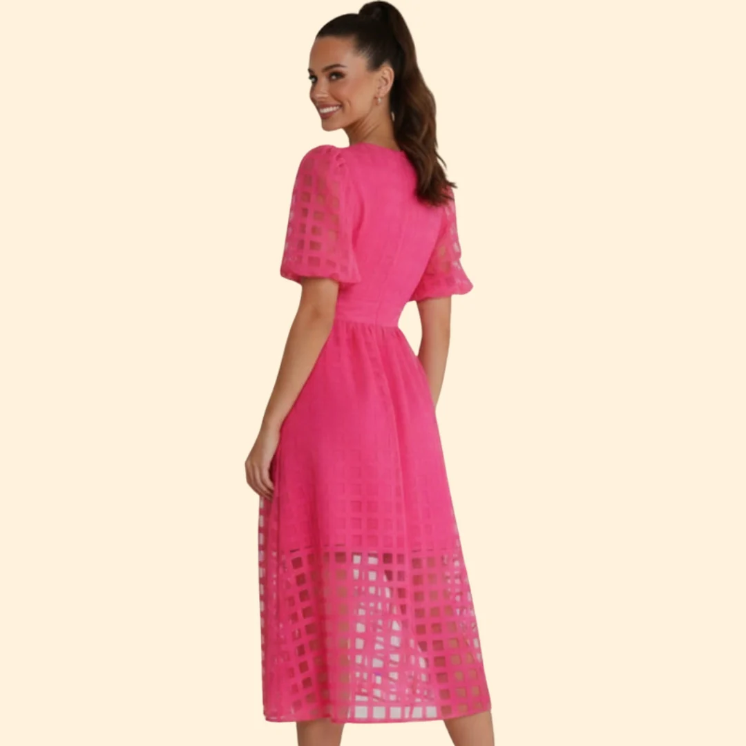 Women’s V-Neck Midi Dress with Grid Pattern - Image 5